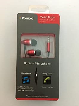polaroid Metal Buds stereo earphones with built-in mic, hands-free, comfortable fit, answer/end calls, music mode, 3.5mm plug