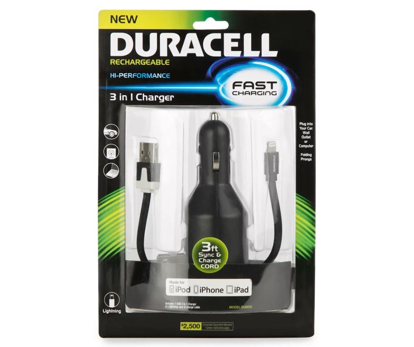 DURACELL 3-in-1 Charger, charge your device VIA wall outlet & Car cigarette lighter adapter or a USB port