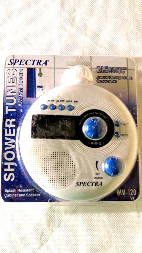 SPECTRA shower tunes AM/FM radio, splash resistant cabinet and speaker, digital frequency, back-lit LCD Display