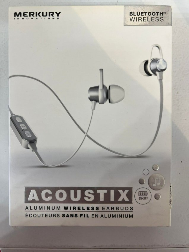 MERKURY ACOUSTIX aluminum wireless bluetooth earbuds, micro usb cable included, 30 ft range