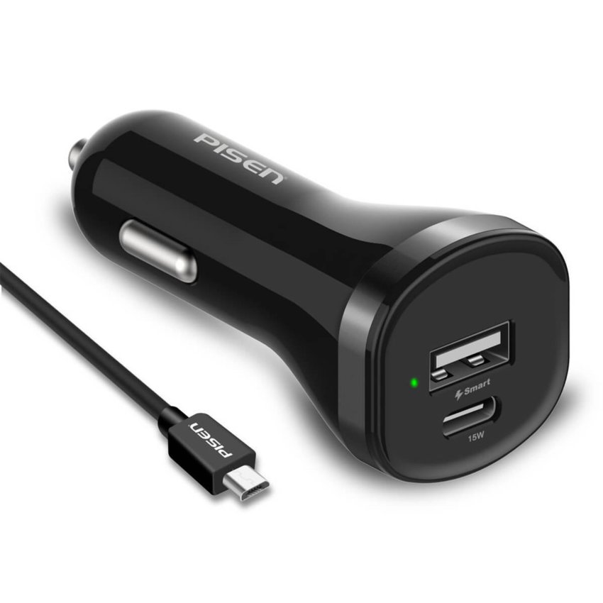 PISEN Type-C +  Dual USB Car Charger Adapter With 5V/3A Type-C Fast Car Charger, 24 Watts, 30 Day Store Warranty