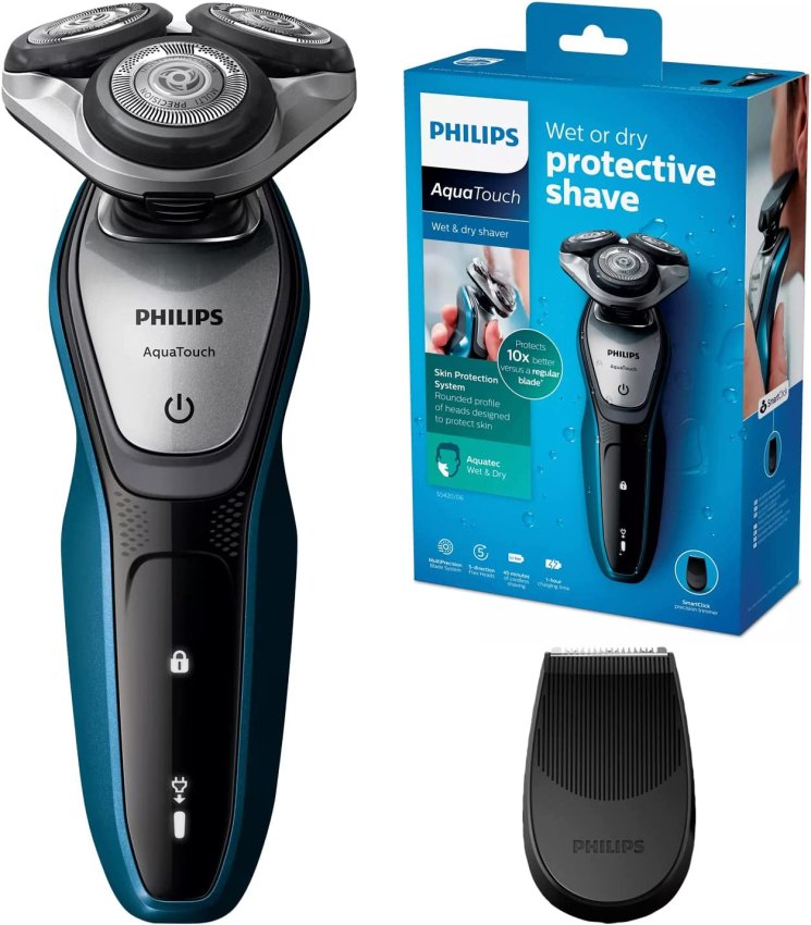 PHILIPS Aqua Touch electric Razor, comfortable wet and dry, MultiPrecision blade system, protects 10X better versus a regular blade, 45 min battery, 1H recharge time, one touch open, smart click, 5-Direction Flex heads, 2Y brand warranty