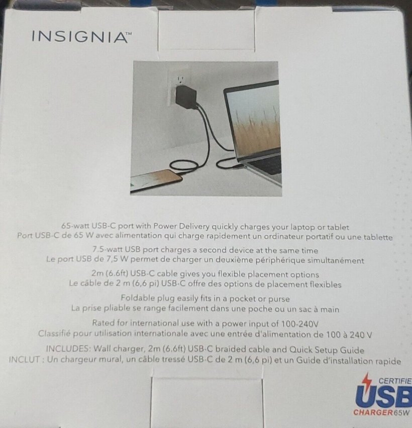 Insignia, 72.5W 2-Port USB-C/USB Foldable Wall Charger, Black