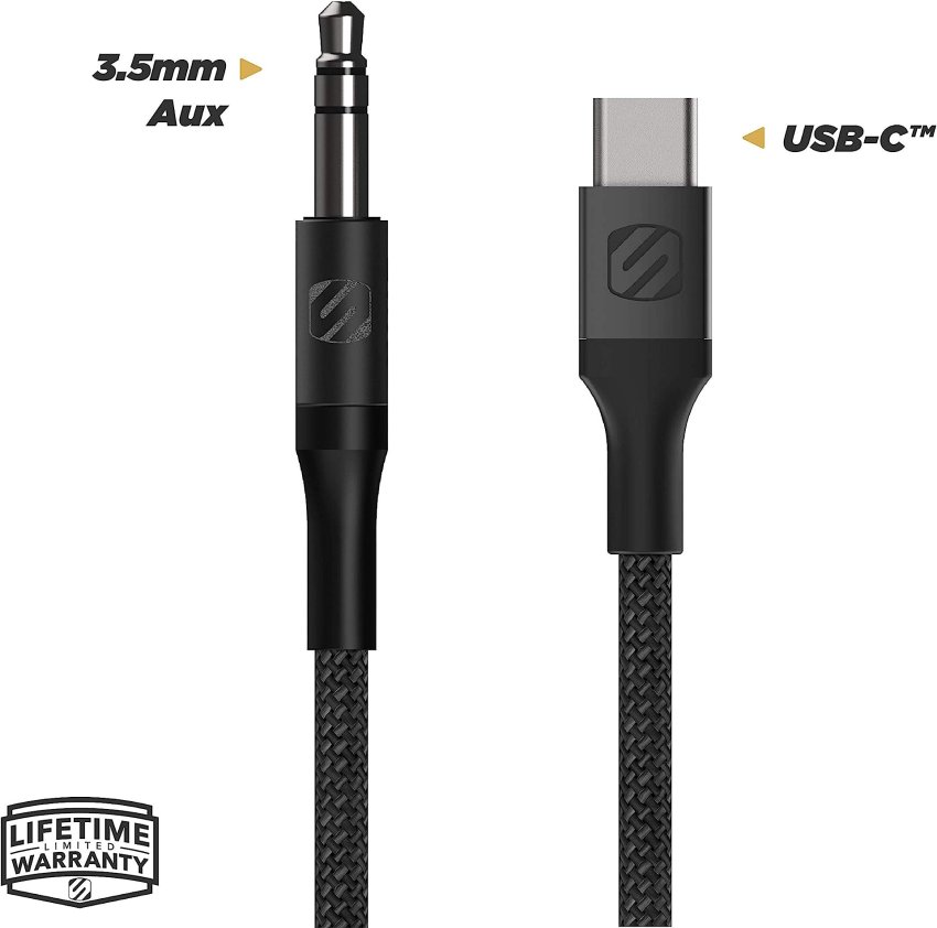 Scosche CAUXB4-SP AUX to USB-C Braided Audio Cable, 3.5mm, Space Gray