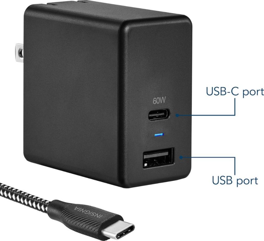 Insignia - 67.5 W 6.6' USB-C Wall Charger with 1 USB-C & 1 USB Ports - Black