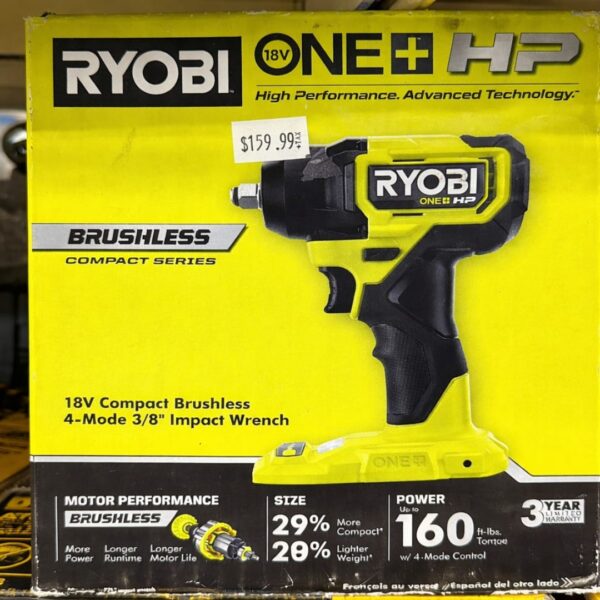 Ryobi 18V ONE+ HP Compact Brushless 3/8″ Impact Wrench (4-Mode)